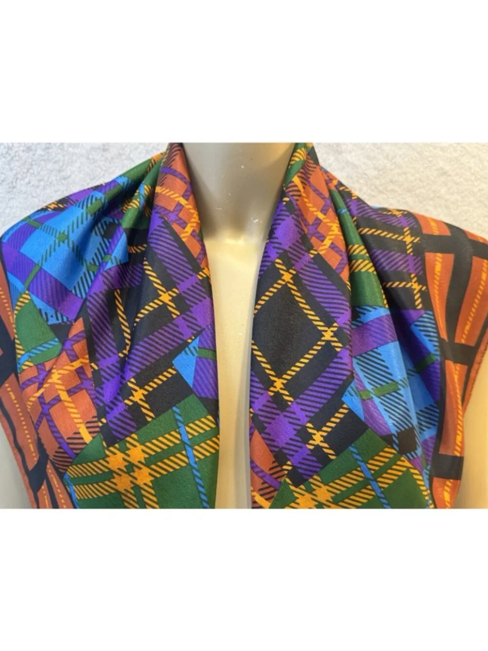 VTG Acute Scarf, Korea, 1980's, Vibrant Multi-Colored Patchwork Plaid 30